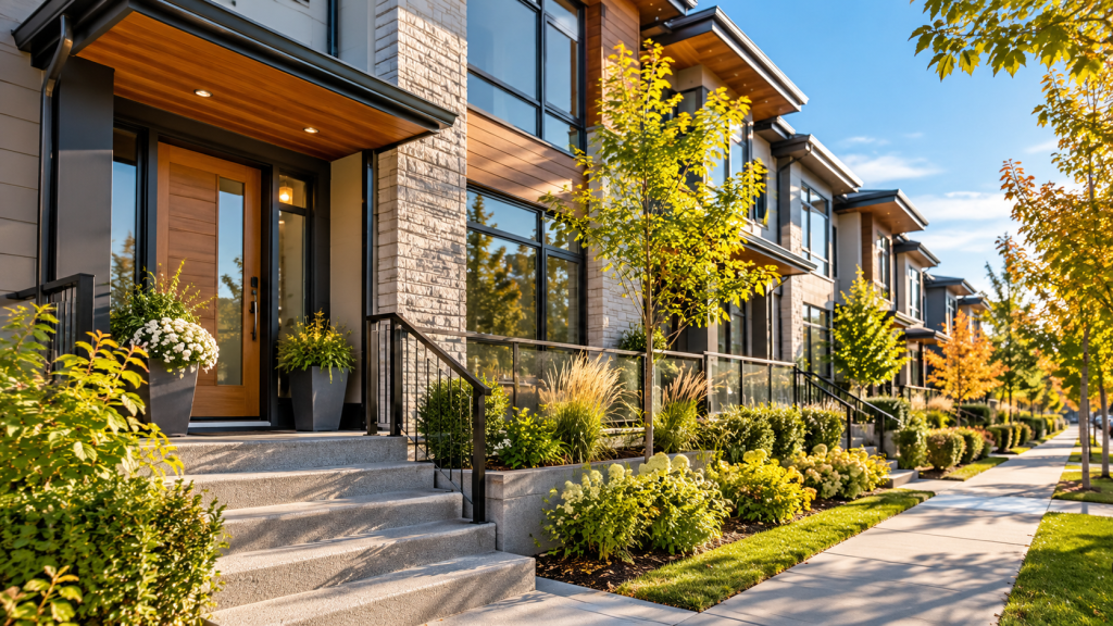 Modern townhomes featuring contemporary architecture, landscaped front entrances and welcoming walkways.