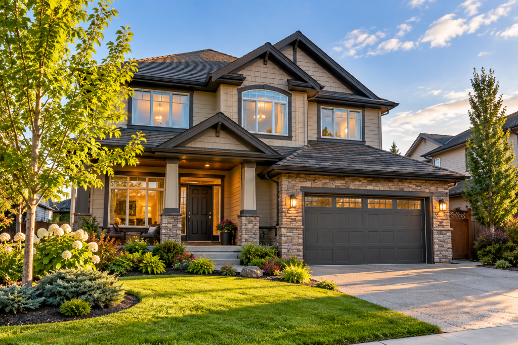 Welcoming two-storey family home with landscaped front yard and attached garage.