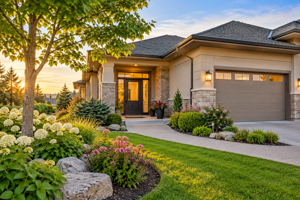 Beautiful single-level bungalow with landscaped front yard and welcoming entrance, illustrating downsizing in Calgary.